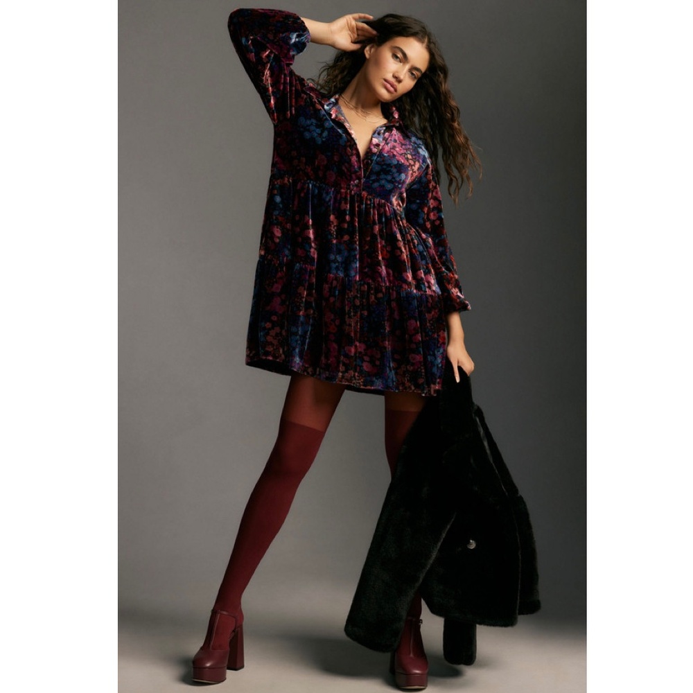 Anthropologie Maeve Bettina Tiered Velvet Shirtdress, size L, EUC